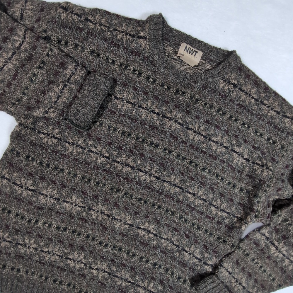 Northwest Territory Sweater Mens Medium Brown Fair Isle Ramie Wool Crewneck Knit